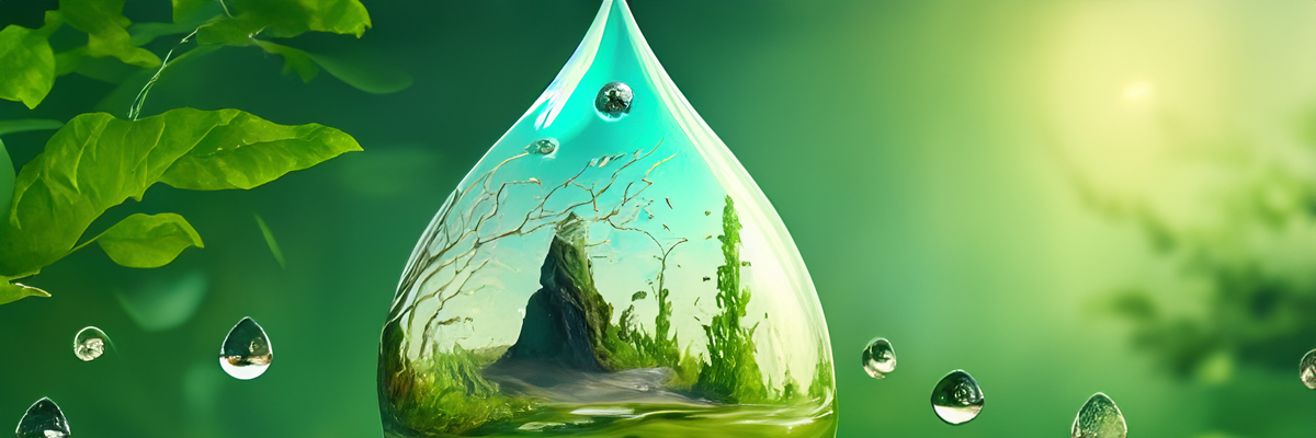Wassertropen mit grüner Umwelt als Headerbild für Nachhaltigkeit.